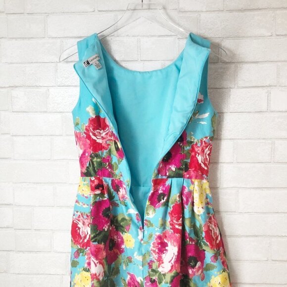 Leslie Fay Vintage Robin Egg Blue Pink Floral Pattern Fit & Flare Dress Size 4 - Picture 5 of 6